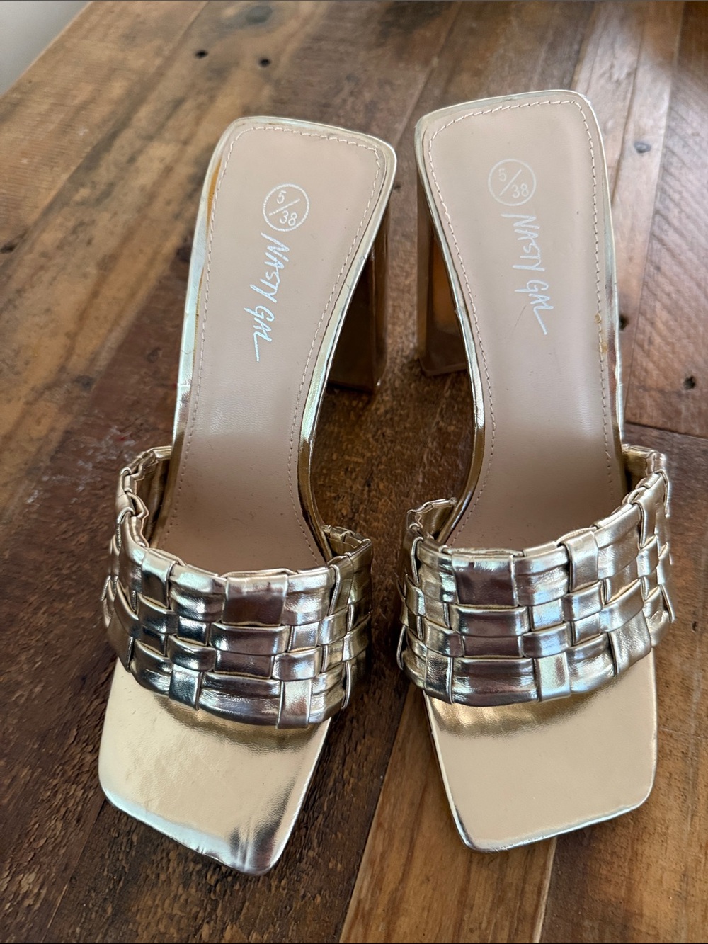 Nasty Gal Metallic Gold Woven Block Heel Mules